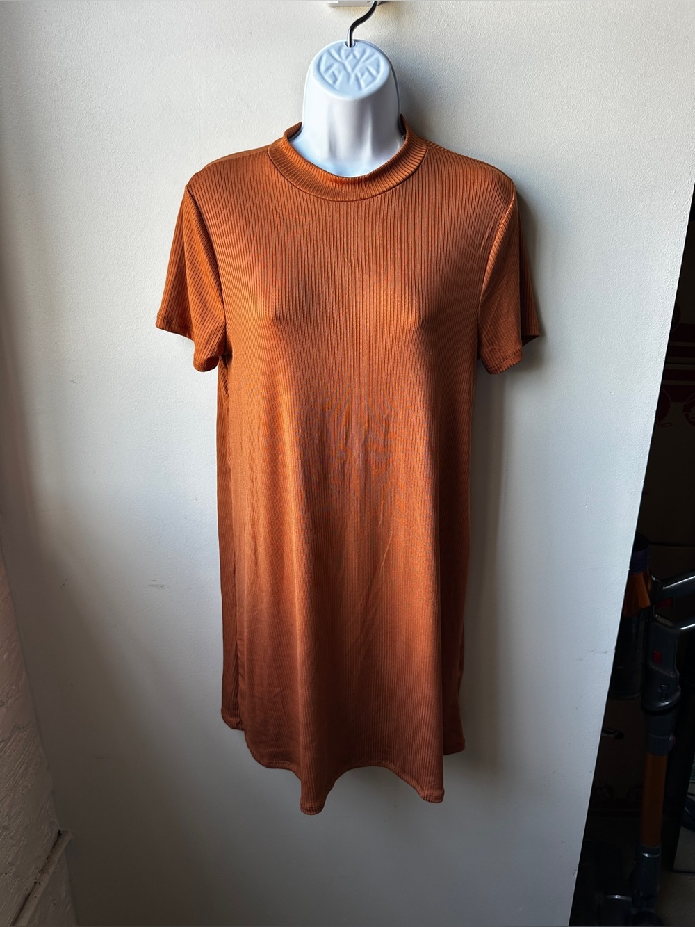 Rust Orange Casual Summer Ribbed Mock Neck Short Sleeve T-Shirt Mini Dress L